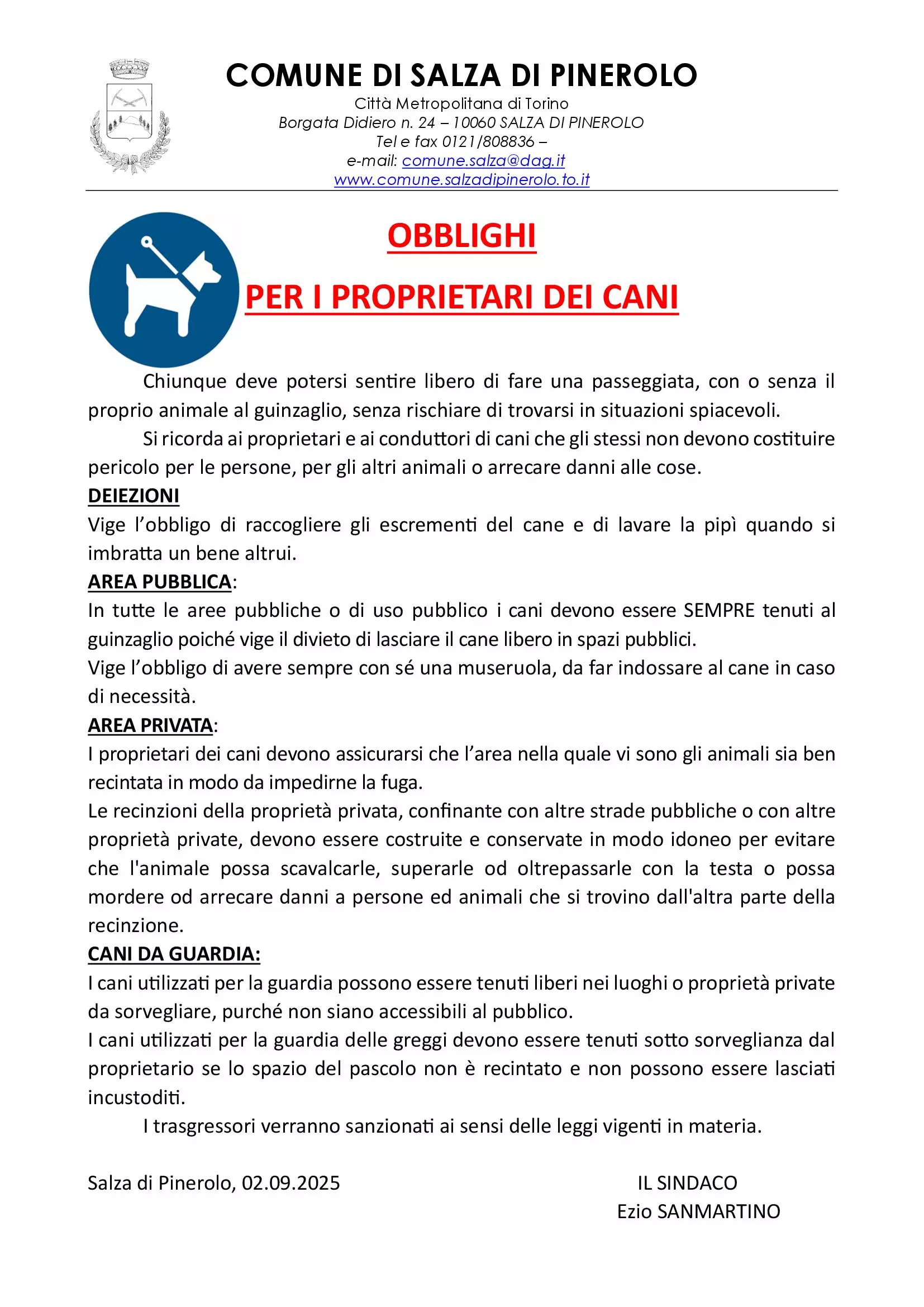 Avviso obbligo proprietari dei cani